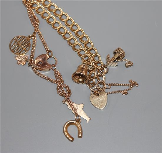 A 9ct yellow gold curb-link bracelet with two charms and padlock clasp and a similar bracelet hung with four charms gross 16.6 grams